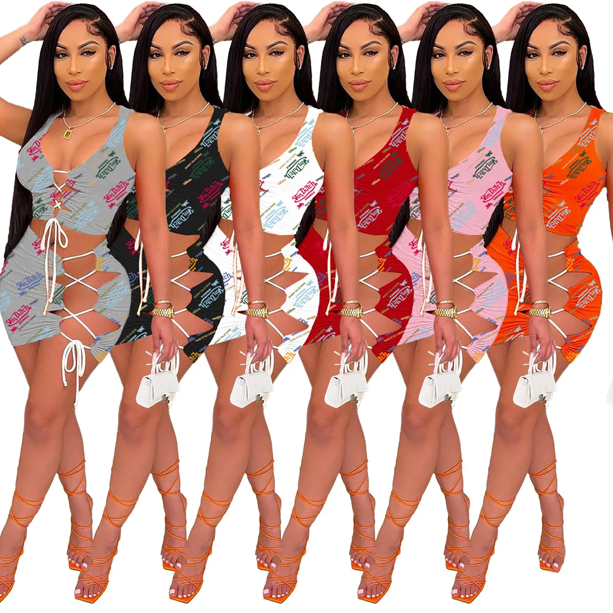 

women strap tie up sexy sleeveless summer lacing tow piece set skirt fashion printed graffiti hollowed bandage skirt set, Custom choose