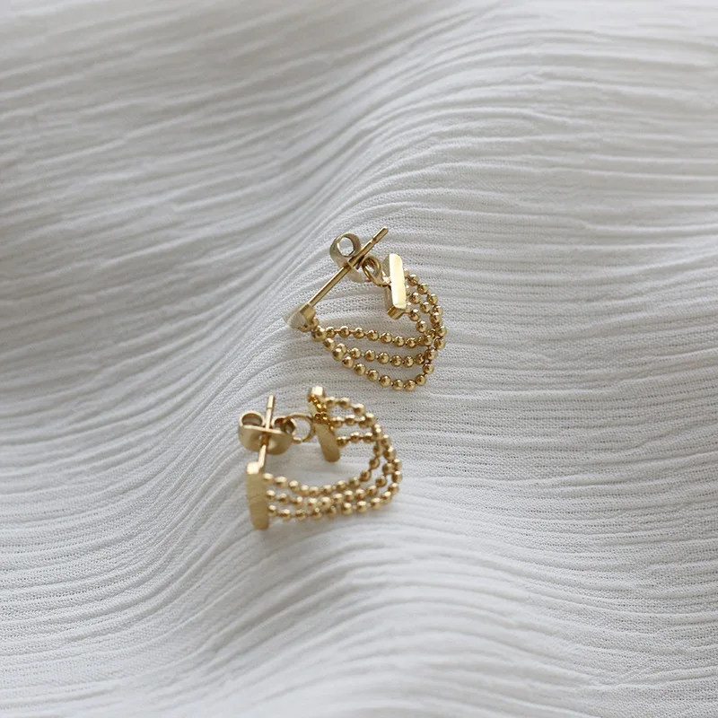 

2021 Minimalist Stainless Steel Small Beads Chain Stud Earrings Hot Selling Chic Special Triple Layer Bead Hoop Earring