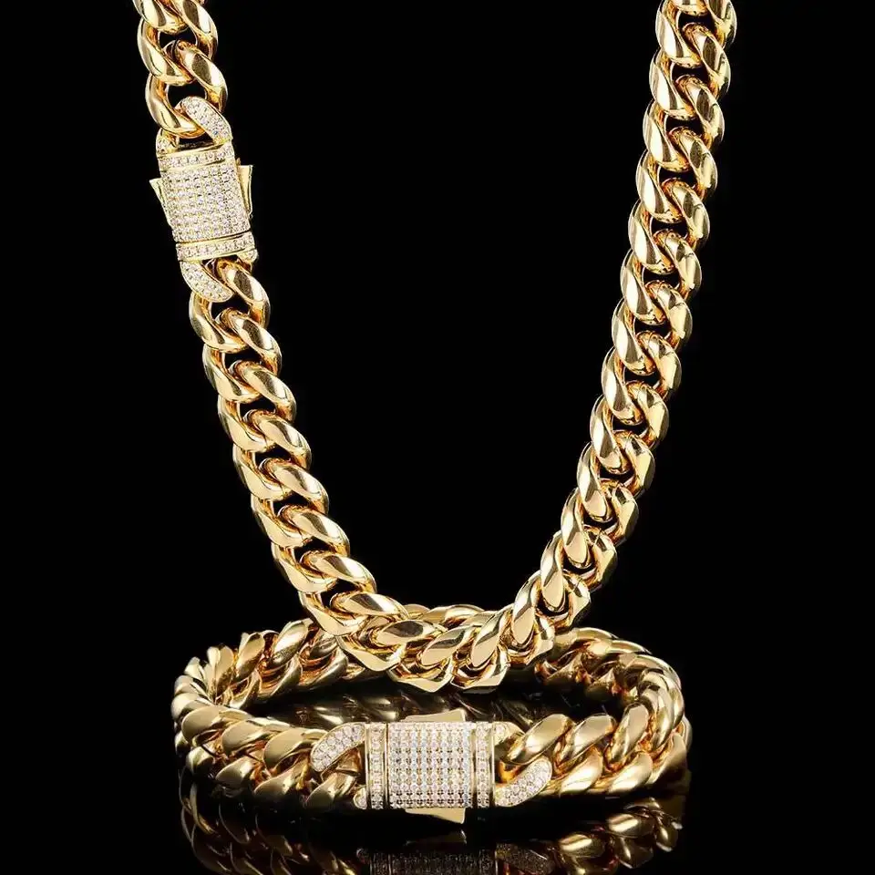 

Wholesale Hip Hop Stainless Steel Lock Clasp Cuban Necklace 14k 18k Gold Plated Iced Out Men Miami Cuban Link Chain