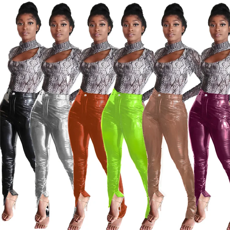 

LvCong Wholesale plus size women in tight shine leather fabric for pants slit high waist pu leather pants