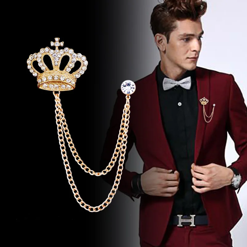 

European and American distinguished classic tassel chain full diamond crown mens brooch suit accessories, Picture shows