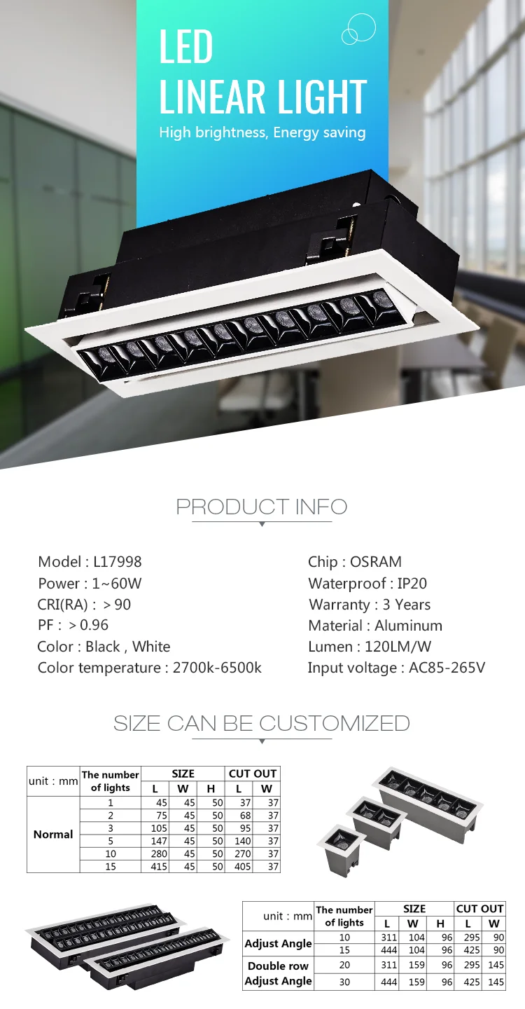 Anti-glare High Power LED Aluminum Profile SMD 20W 30W 40W 60W Jewelry Store Commercial Light Design LED Recessed Grille Light