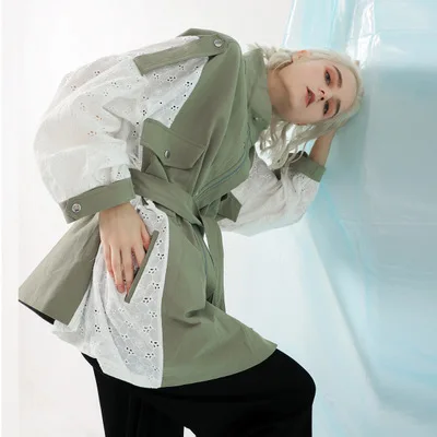 

2019 Autumn trendy Ladies cotton twill jacket women tops coat Women long sleeve lace patchwork see through cotton jacket