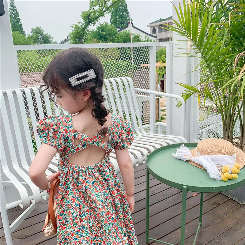 

DP0j497 summer new arrival ruffles backless dress for little girls infant baby kids long dresses puff sleeve wholesale