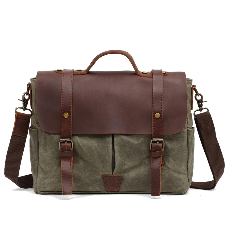 

Full Grain Leather man laptop handbag waxed vintage Canvas Shoulder briefcase bag (RSF-8836), Grey