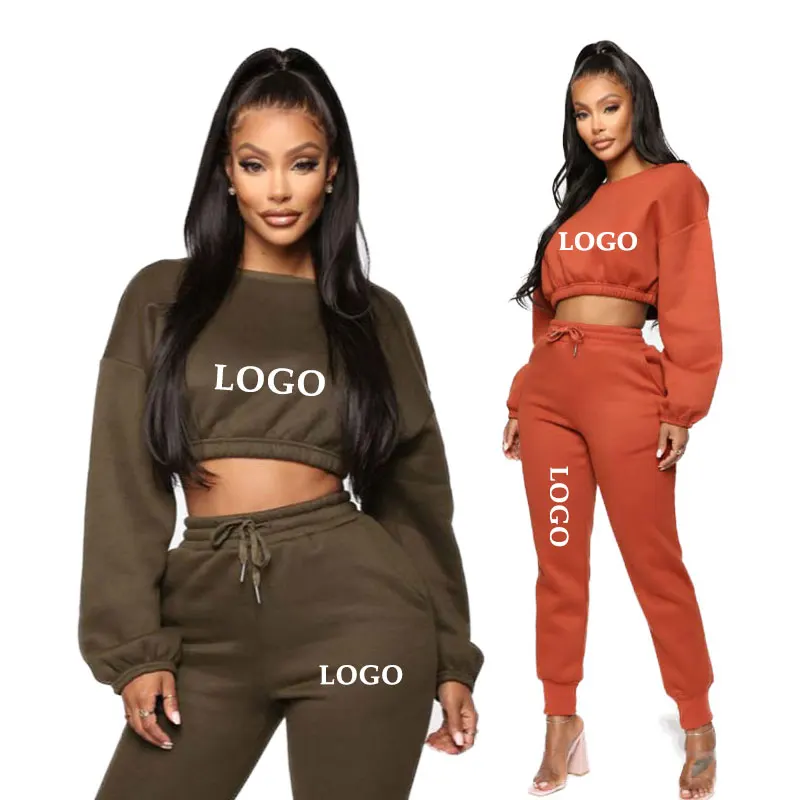 

Vendor Custom Own Logo Design Solid Colors Long Sleeve Woman Cropped Thick Sweatsuit