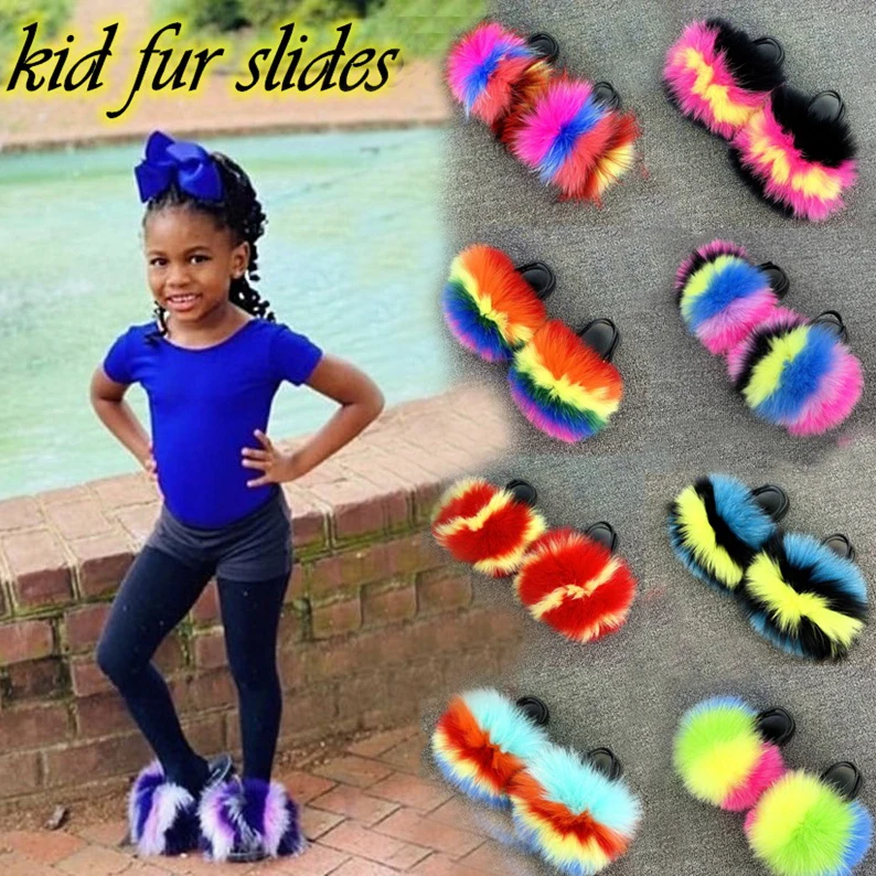 

summer Soft Children Kids imitation Fox Fur Slippers Sandals toddler fox Fur Slides fur sliders with strap