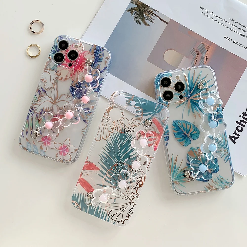 

For iPhone 13 14 phone case with flower wrist strap transparent imd electroplated phone case for iPhone 13 pro 13 pro max, Multi colors