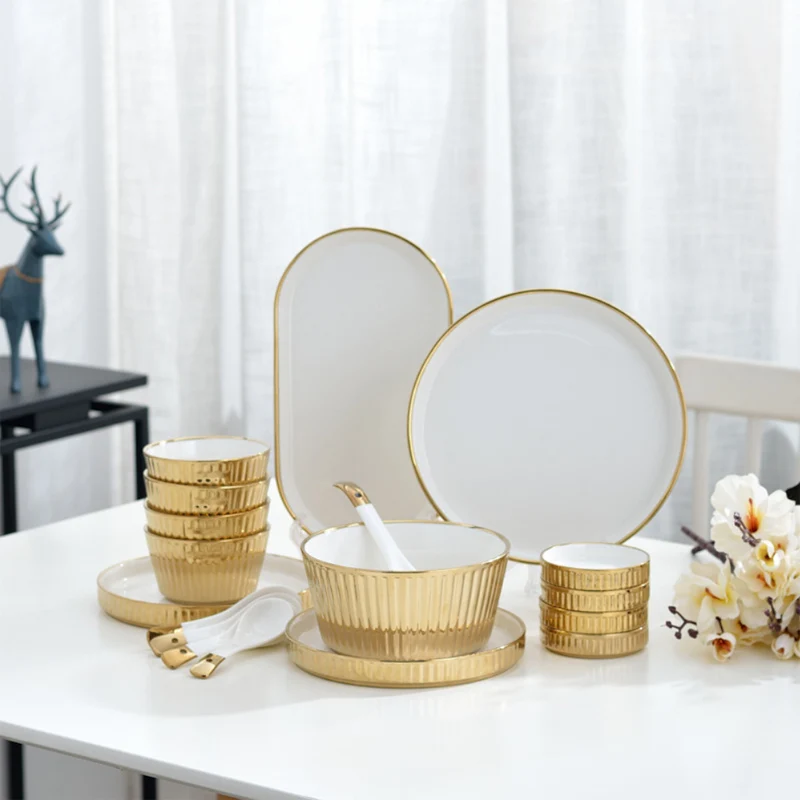 

Wholesale 2022 New Product Luxury Nordic Style Vajillas Bowls Spoons Dinner Plate With Gold, Gold white