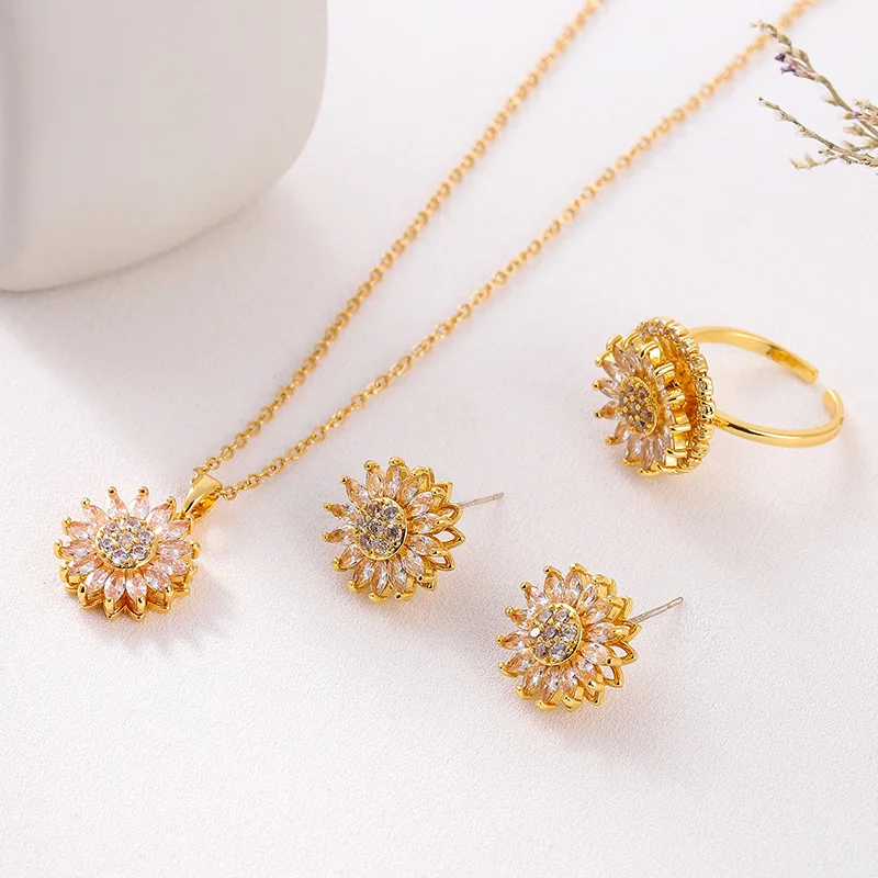 

Minimalist Stainless Steel Necklace Earrings Ring 3A Zircon Jewelry Set Fidget Rotatable Sunflower Jewelry Set For Women