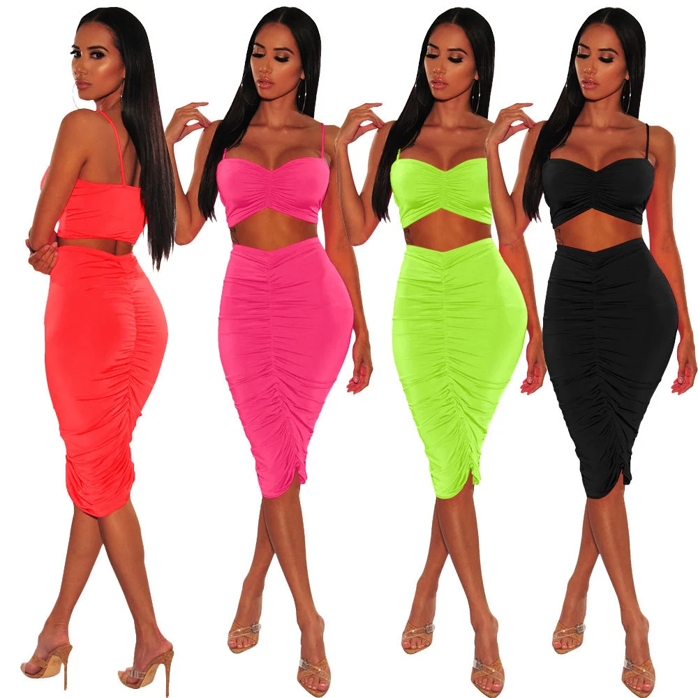 Neon Pleated Backless Dress Two Piece Set Club Outfit Women Spaghetti Strap Crop Top And Mini Skirt Sexy Summer Set - Buy Neon Pleated Backless Two Piece Set,Summer Dress 2pcs Set,Sexy Crop