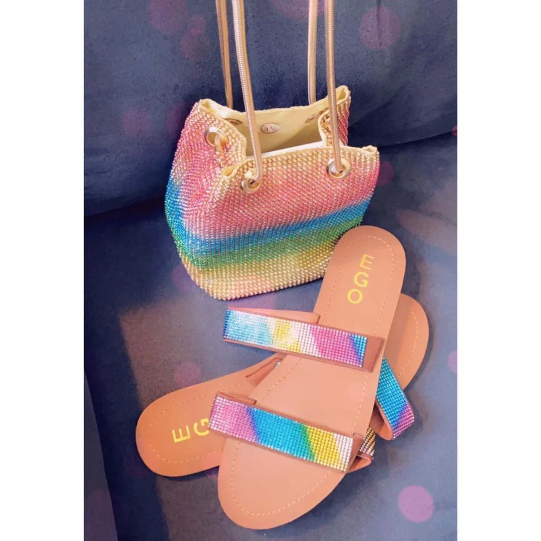 

2021 hot sale women slippers with bag new chic design colorful rhinestone luxury purses with rainbow slippers&sandals