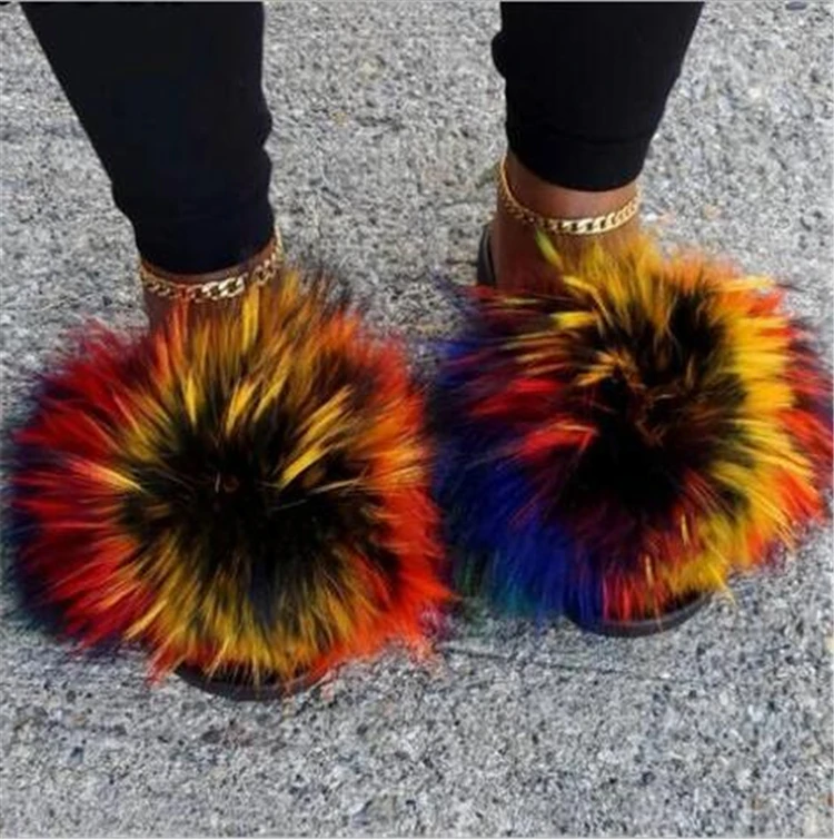 

2021 Summer Soft Real Raccoon Fluffy Sandals Ladies Fuzzy Big Furry Mink Slippers Shoes Luxury Designer Fox Fur Slides Women, As pictures or customized colors