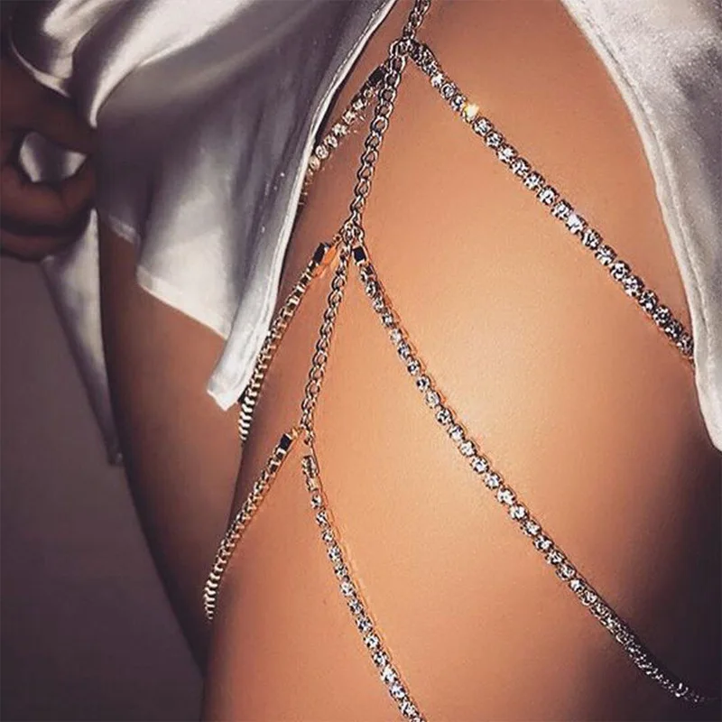 

Fashion jewellery 2020 exaggerated woman rhinestone leg chain wholesale custom silver gold sexy body jewelry, 2 various colors available