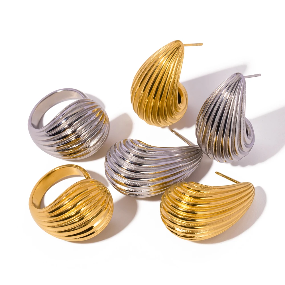 

J&D Jewelry 18K Gold Plated Tear Drop Punk Earrings Stainless Steel Hollow Texture Waterdrop Earrings Rings