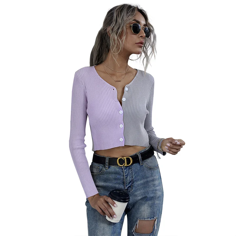 

Women's Fashion Knitted V-neck Long Sleeve Sweater Coat Buttoned Slim Knitwear Clashing Colors Tops Cute Boho Ribbed Cardigan