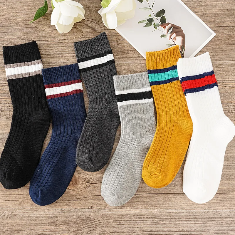 

Manufacturer knitted plain oem designed own strip unisex women men's fashion custom logo white cotton sports crew socks
