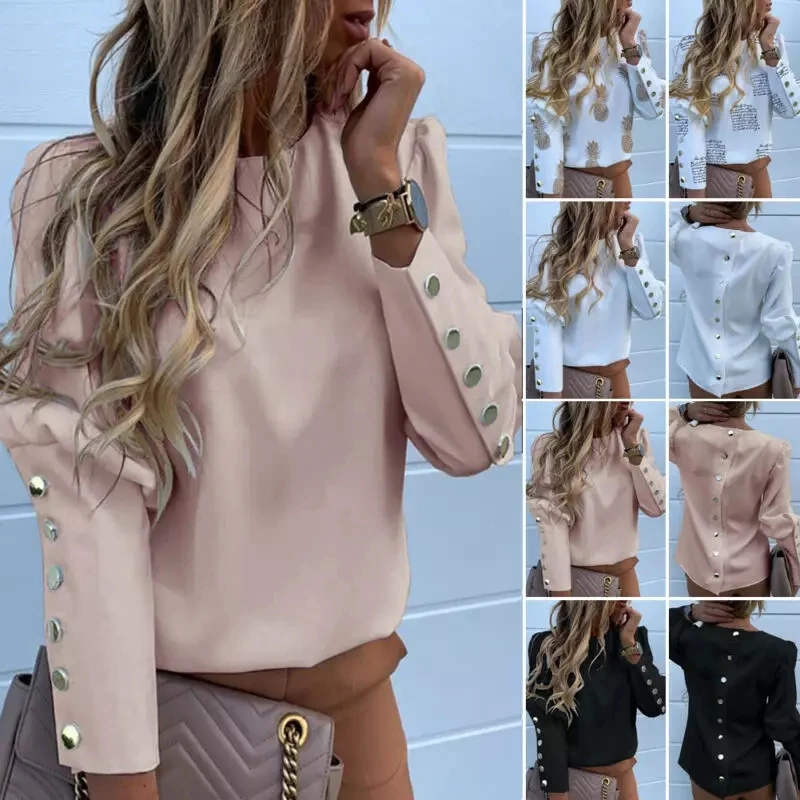 

Work Wear Women Blouses Long Sleeve Back Metal Buttons Shirt Casual Neck Printed Plus Size Tops Fall Blouse fashion buttoned top