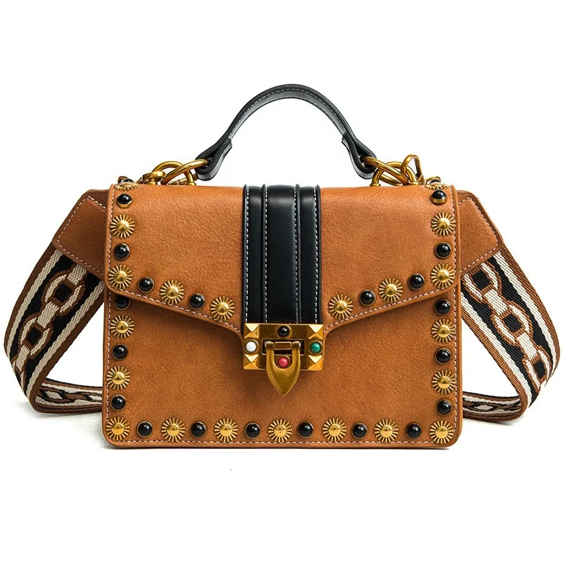 

New Arrival Retro Rivet Small Square Bag Wide Long Strap Diagonal Bag Trendy Crossbody Bag For Women, 3 colors