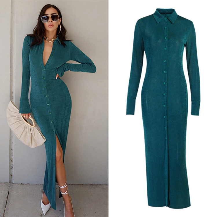 

2022 New Arrivals Bulk Supplier Single-Breasted Knit V Neck Vestidos Mujer Bodycon Long Sleeve Fall Dress