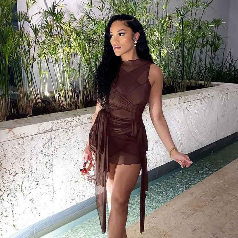 

ribbons solid sleeveless bodycon mini dress 2021summer new sexy see through mesh dresses women