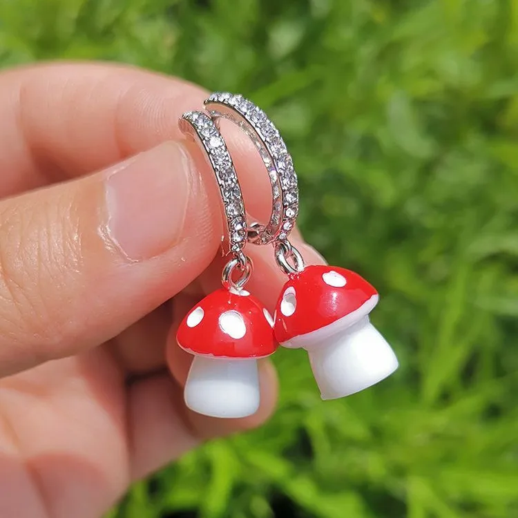 

Cute Fashionable Design Colorful Mushroom Pendant Earrings Rhinestone Sweet Chic Resin Hoop For Women Girls Jewelry Gift, As shown