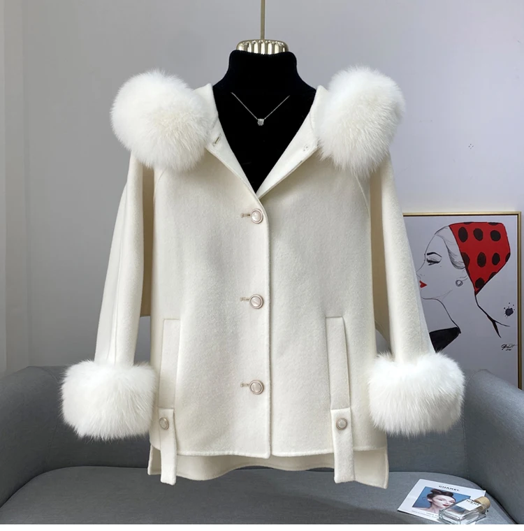 

DS07 2021 Luxury New Casual Loose Fox Fur Hooded Jacket Women's Real Wool Coat Winter Clothing