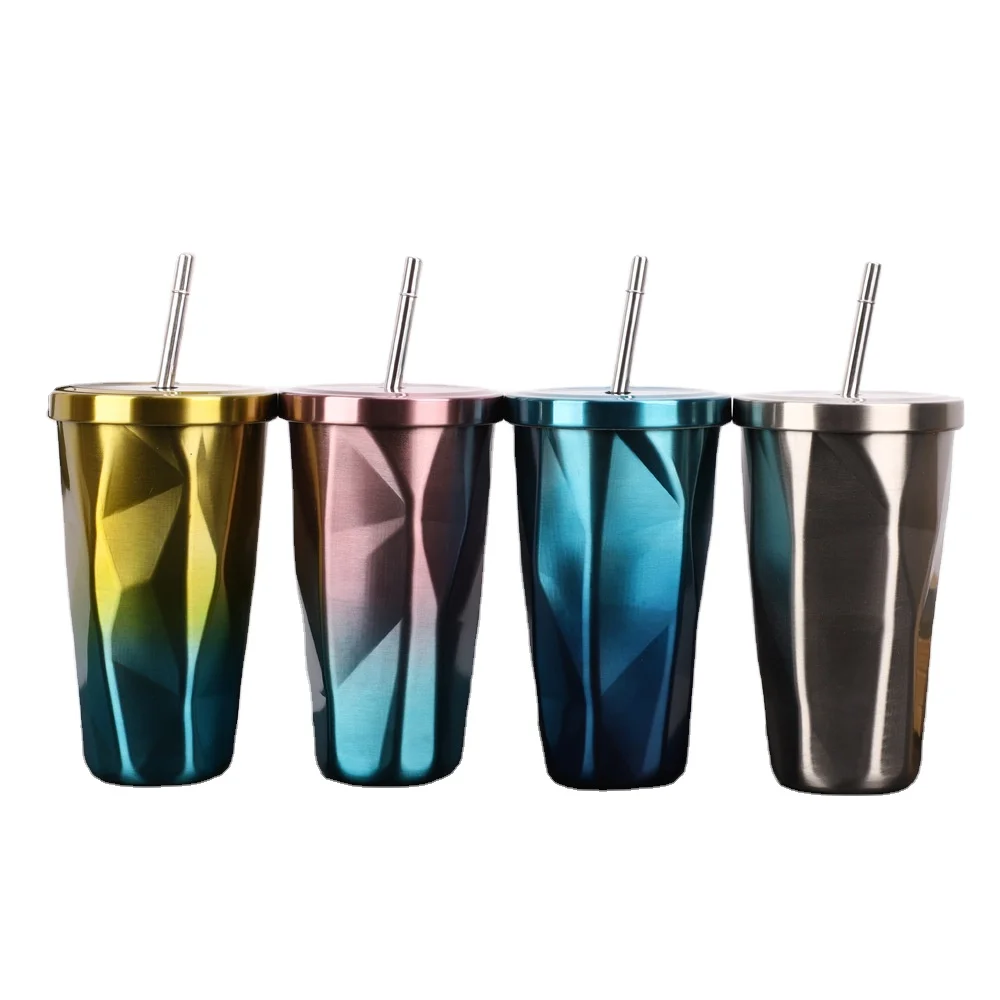 

Stainless steel straw thermos cup double layer with cover gradually changing color water cup keeping cold juice coffee cup, Gradient blue, gradient powder, gradient yellow, steel color