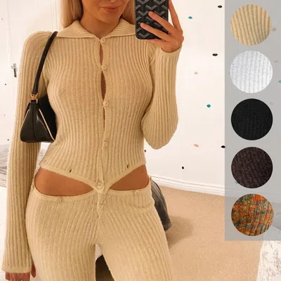 

2021 2 Piece Fall Set Women Knitted Jumpsuit Sexy Custom Knit Two Pieces Pants Set Mujer Plain Cardigan Sweater Set
