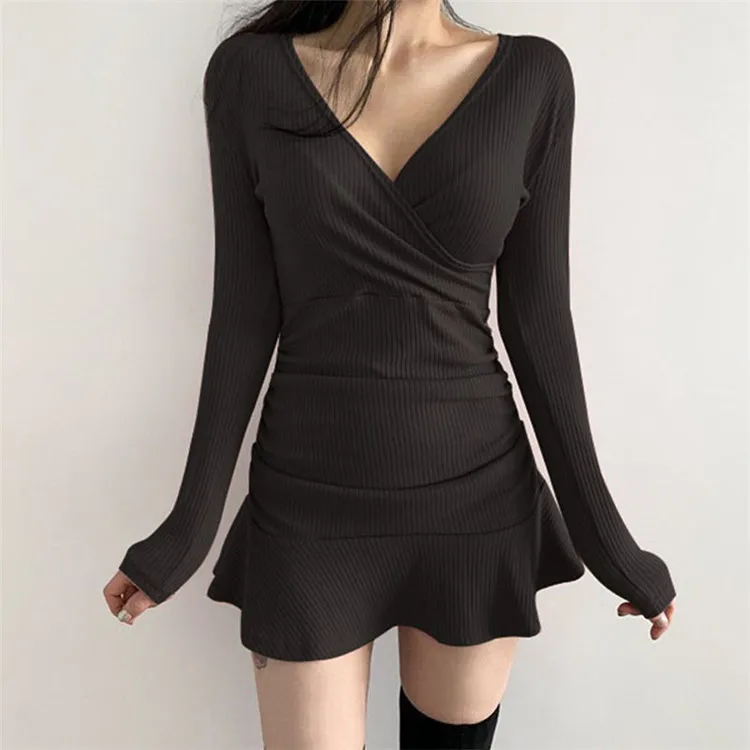 

v neck cotton solid color ruffle mini long sleeve fall dresses for women