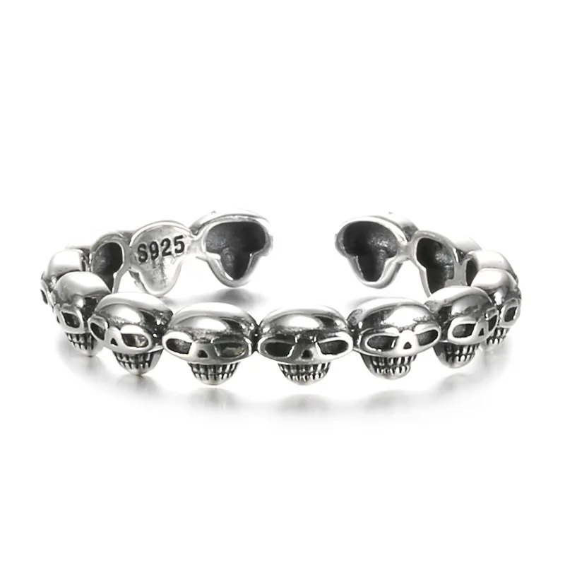 

S925 Sterling Silver Skull Ring for Men and Women Simple Hip-hop Punk Style Personality Adjustable Opening Ring