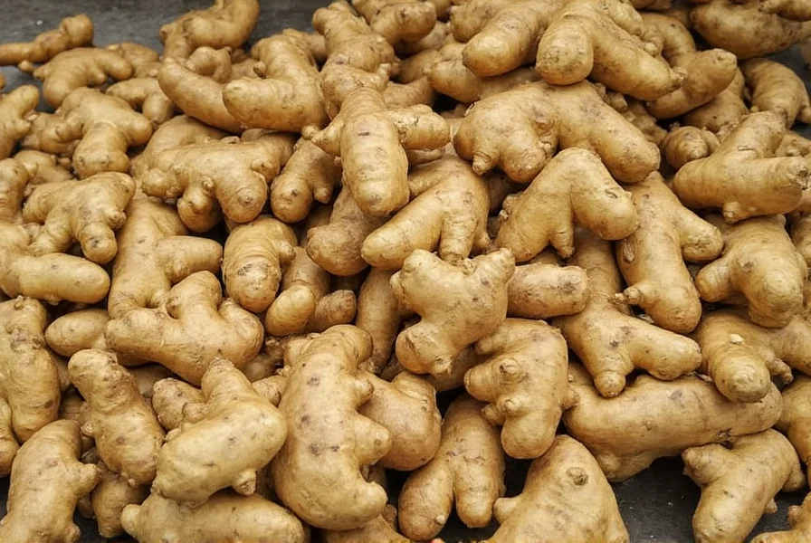Modern ginger factory processing line showing conveyor belts with ginger rhizomes moving through cleaning and sorting stations
