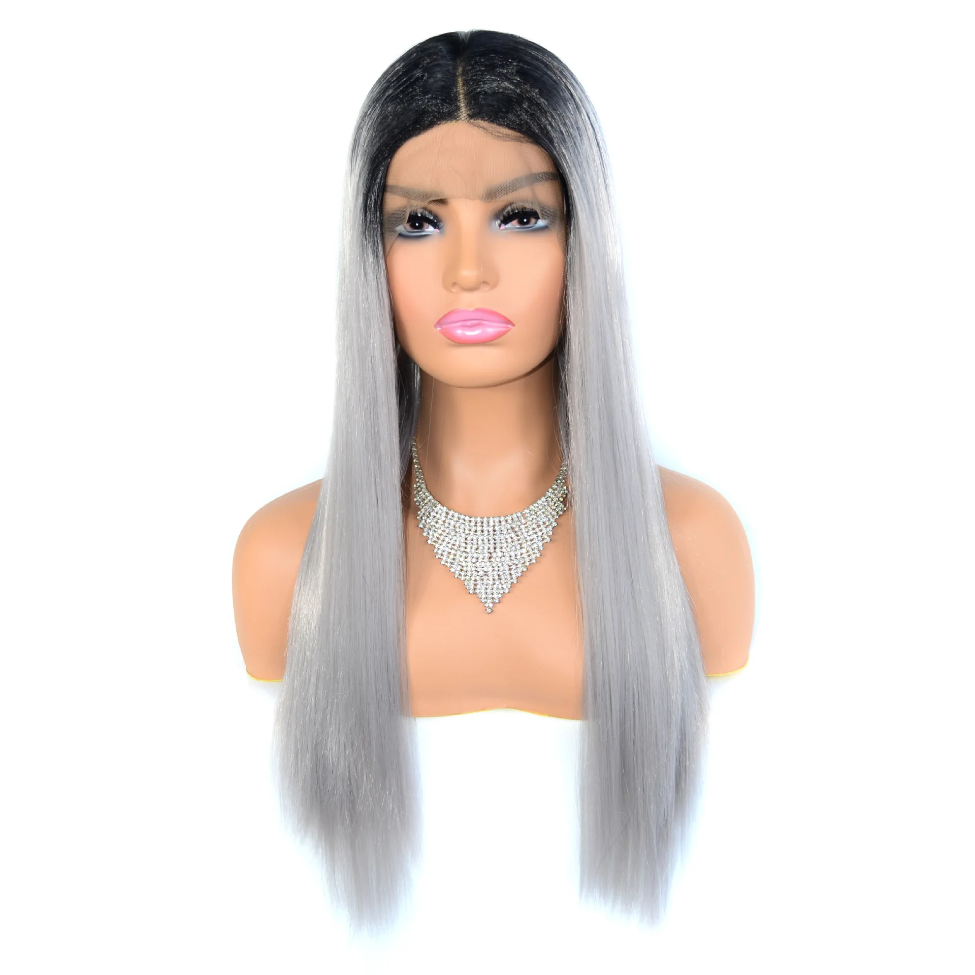 

Silver Grey Gradient Wig Fashion Women Matching Color Wig With Front Lace, See details