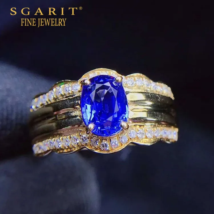 

SGARIT luxury minimalist jewelry band wholesale 18k gold wedding women ring 1.15ct natural blue sapphire gem ring