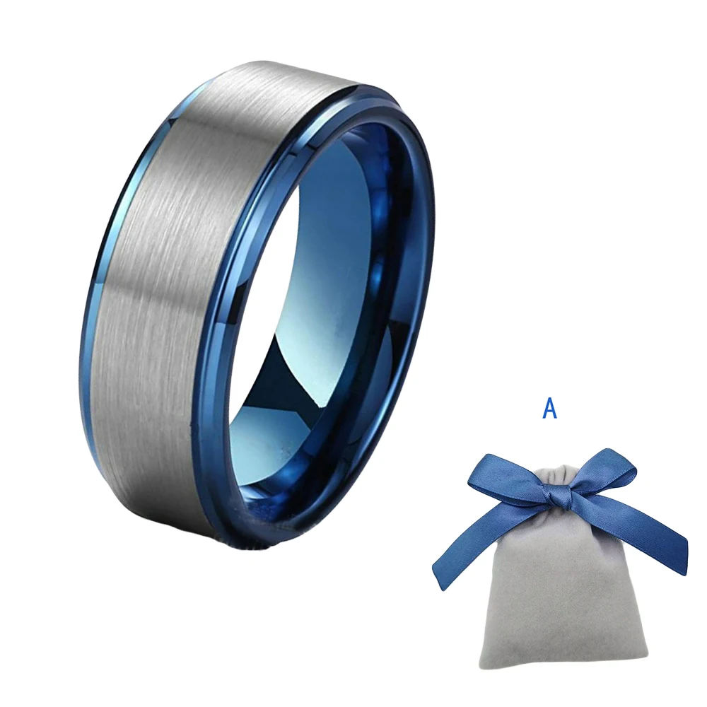 

8mm Blue & Silver Two Tone Matte Brushed Comfort Fit Classic Engagement Tungsten Carbide Wedding Band for Men with gift box