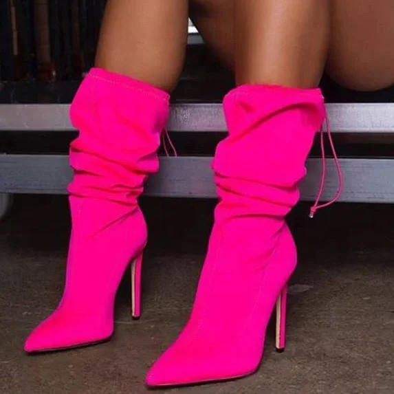 

Plus Size 43 Solid Suede Upper Thin Heel Pointed Toe Half Knee High Women Boots Slip-on Pink Mid-calf Daily Women Booties, Pink,blue,black,apricot