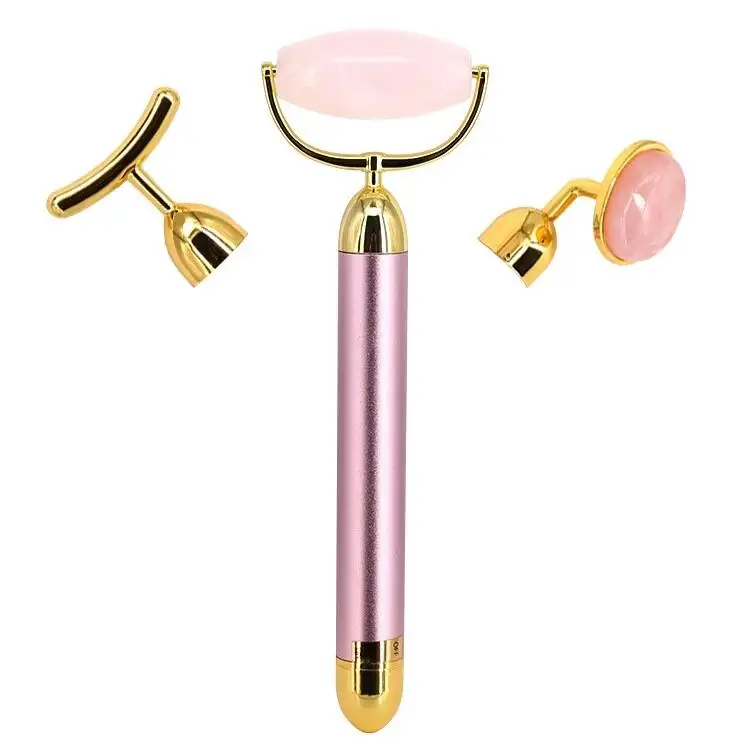 

Hot sale products energy beauty bar electric 3 in 1 vibrating rose quartz roller massage tool beauty bar with magnetic box, Pink