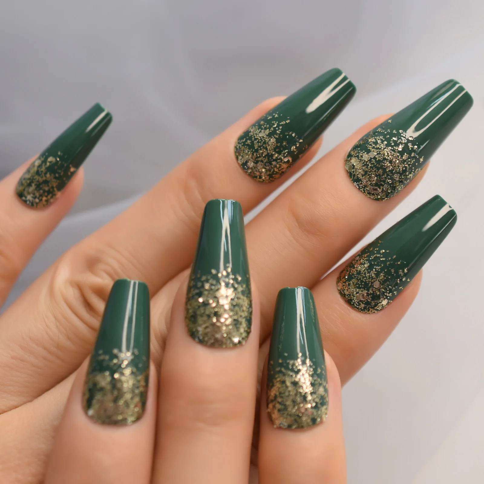 

Coffin Nails Full Cover Press On False Nails Long Dark Green Powder Glitter Decoration Gel Nail Tips