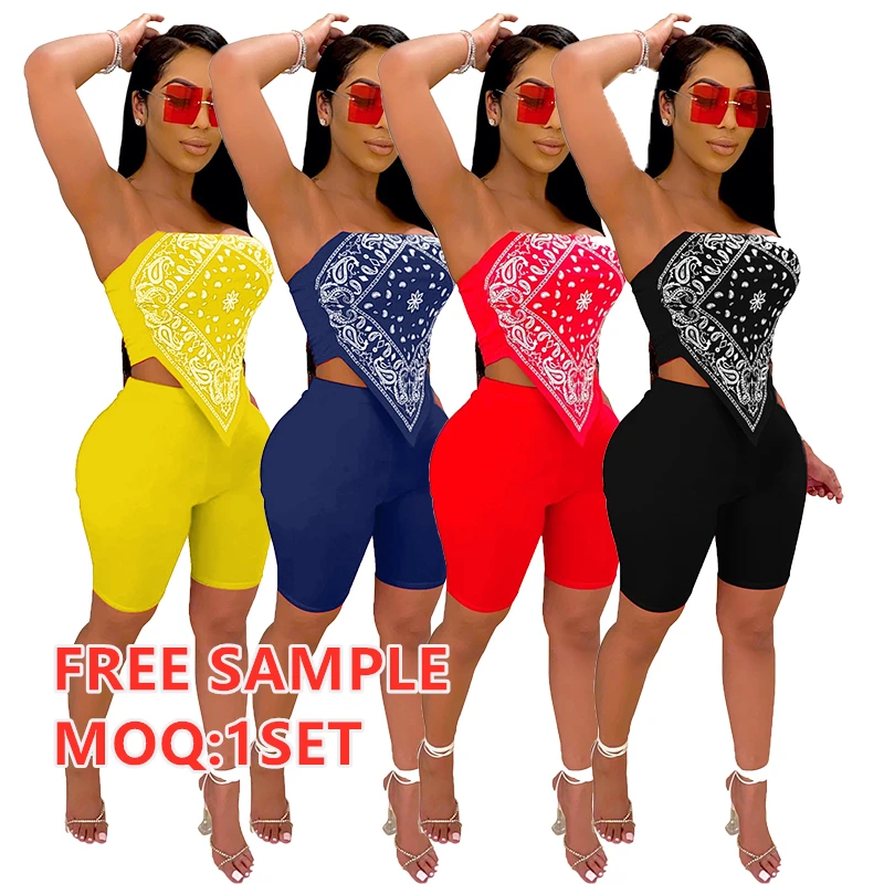 

2022 Fashion Bandana Print Summer Sexy 2 Piece Short Women Set Strapless Crop Top Biker Shorts Sets Women Clothes