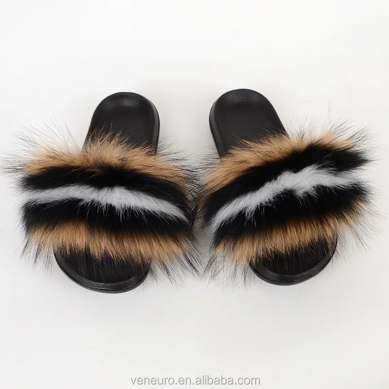 

2020 Online custom fur slide women fluffy sliders raccoon fur fashion slippers, Customized color