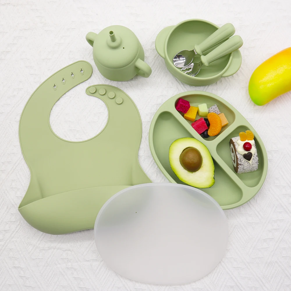 

Wholesale Cute Bpa Free Bowl And Spoon Fork Divided Suction Plate Weaning Feeding Baby Tableware Silicone Set