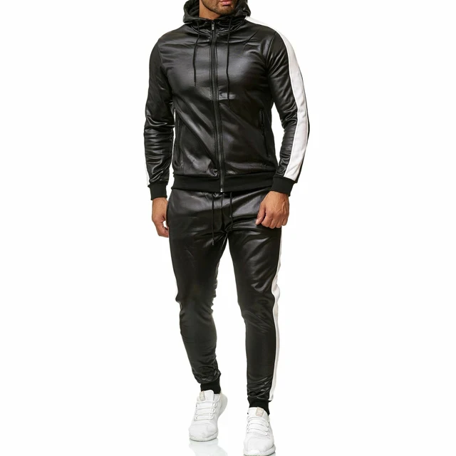 

Autumn and winter 2021 new men's Patchwork Leather Clothes hooded patchwork PU leather sports suit