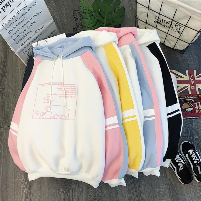 

Women'S Hoodies 2021 New Design Korean Hoodie Women Thin Plus Velvet Thick Sweater Loose Wild Color Matching Sweatshirts, Black,pink,yellow,blue
