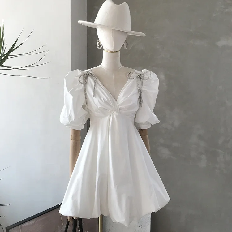 

A0102 Elegant lady white daimond bowknot dress lovely deep V A-line dress fashion french dress