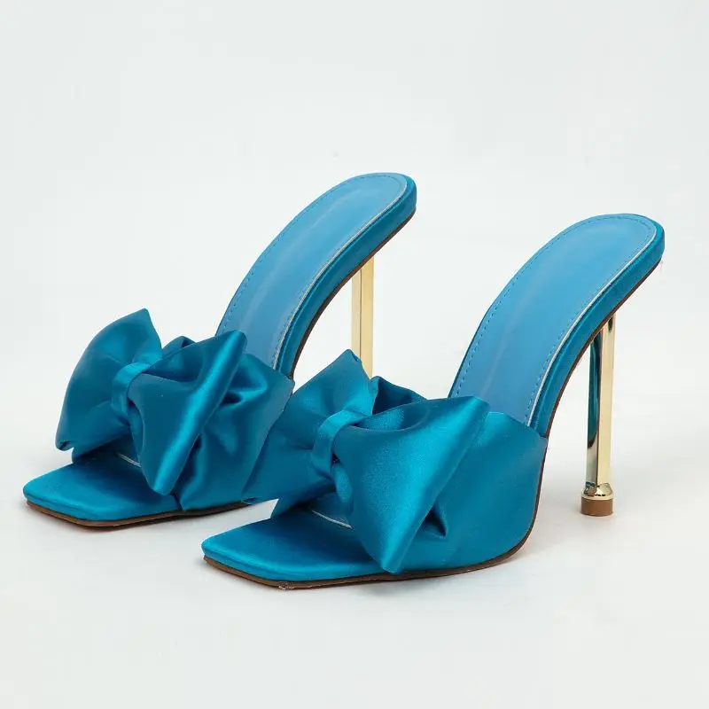 

Chaussure Talons Satin Material Metal Fashion Big Bow Tie Sky Blue Heels for Women, Blue, green, rosy, black