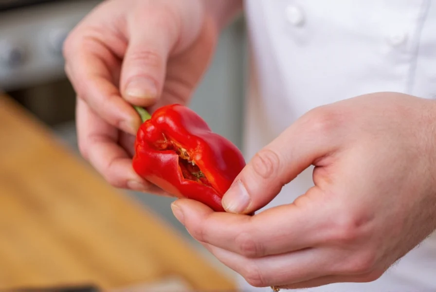 Chef carefully removing seeds and membranes from a red Fresno pepper to reduce its heat level for a recipe