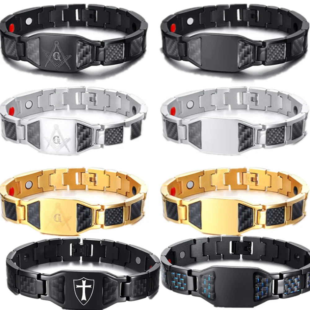 Masonic collection blank carbon fiber fashion gold black stainless steel magnetic stone bracelet bangle men's pulseras jewelry