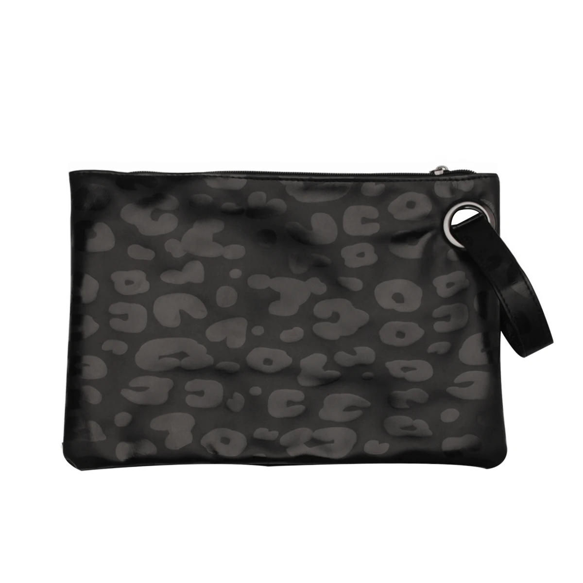 

DOMIL Blanks Monogram Embroidery Black Leopard PU Cosmetic Bags Travel Makeup Case Clutch Bag for Women, As pictures