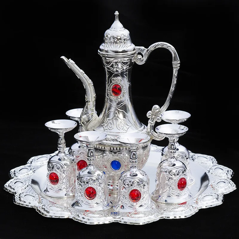 

European-style High-end Christmas Silver Wine Glass Set Retro Teapot Tea Set Home Hotel Gift 8-piece Set, Silver color