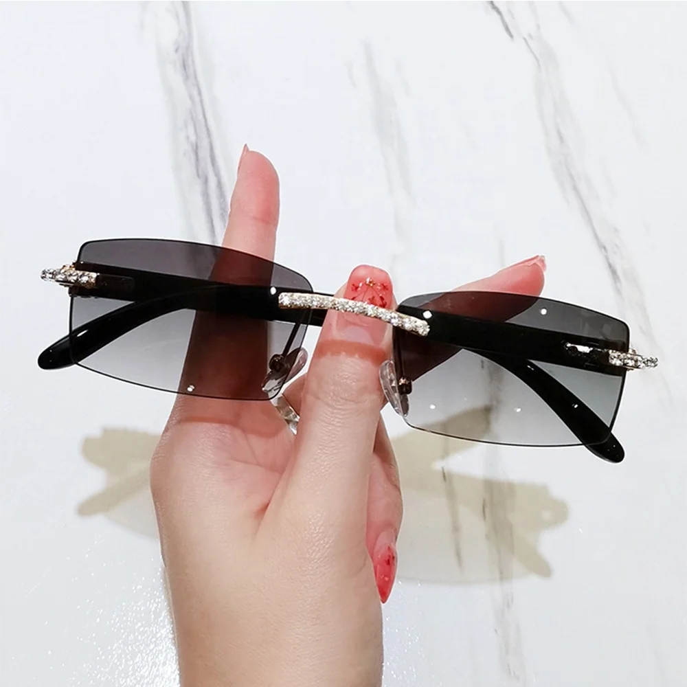 

Buffalo Horn Sunglasses Rimless Rhinestone Square Shades Transparent Rectangle Sunglasses 2021